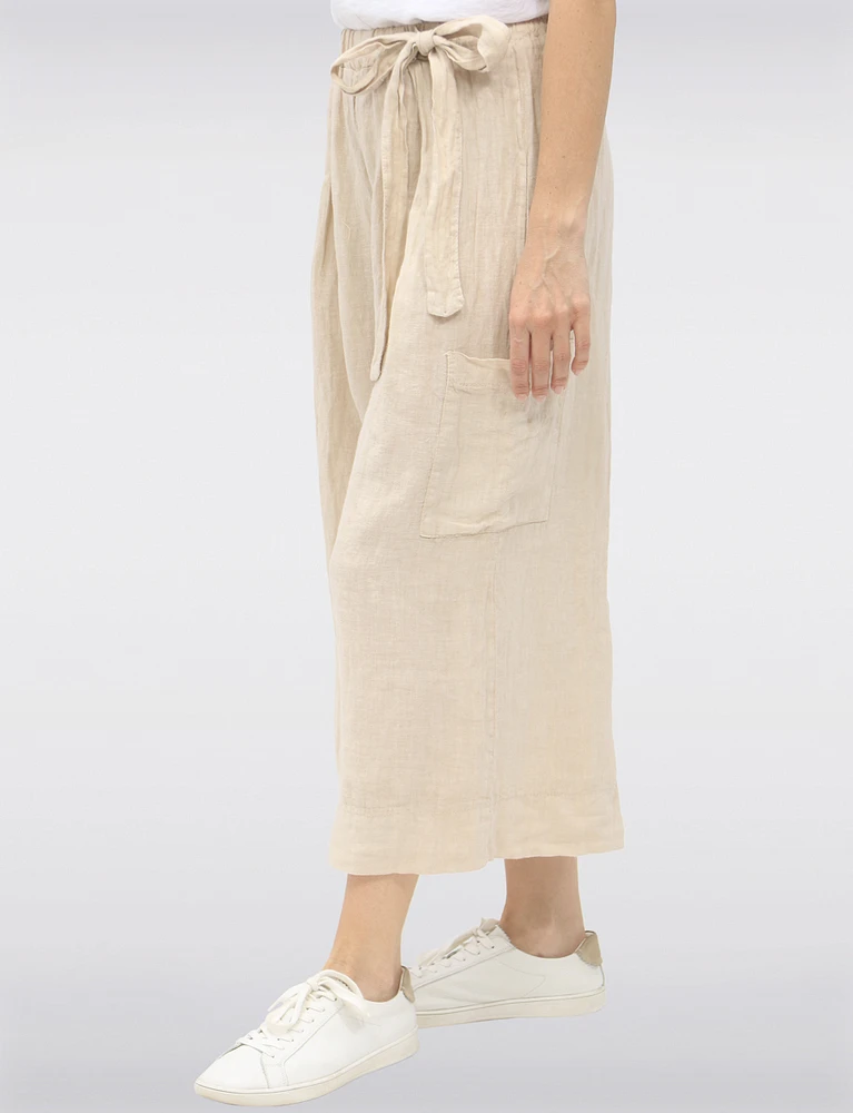 Relaxed Wide-Leg Linen Pants with High-Rise Pull-On Tie Knot by Froccella