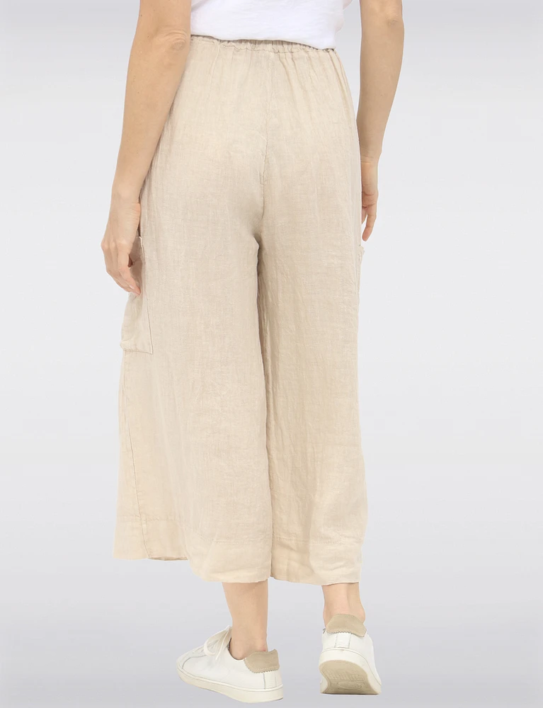 Relaxed Wide-Leg Linen Pants with High-Rise Pull-On Tie Knot by Froccella