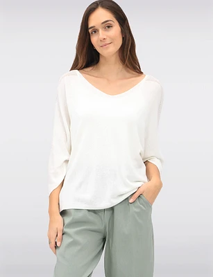 Boho V-Neck Knit Top with Dolman Sleeves & Crochet Shoulder Detail by Froccella