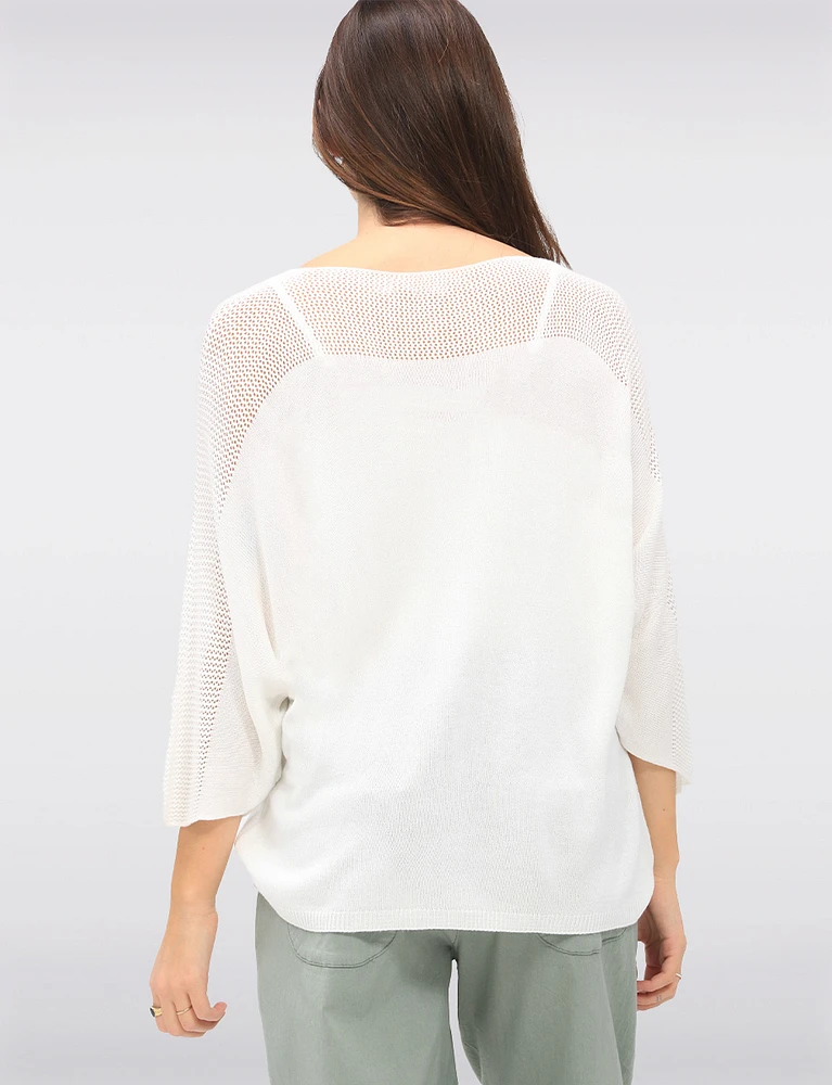 Boho V-Neck Knit Top with Dolman Sleeves & Crochet Shoulder Detail by Froccella