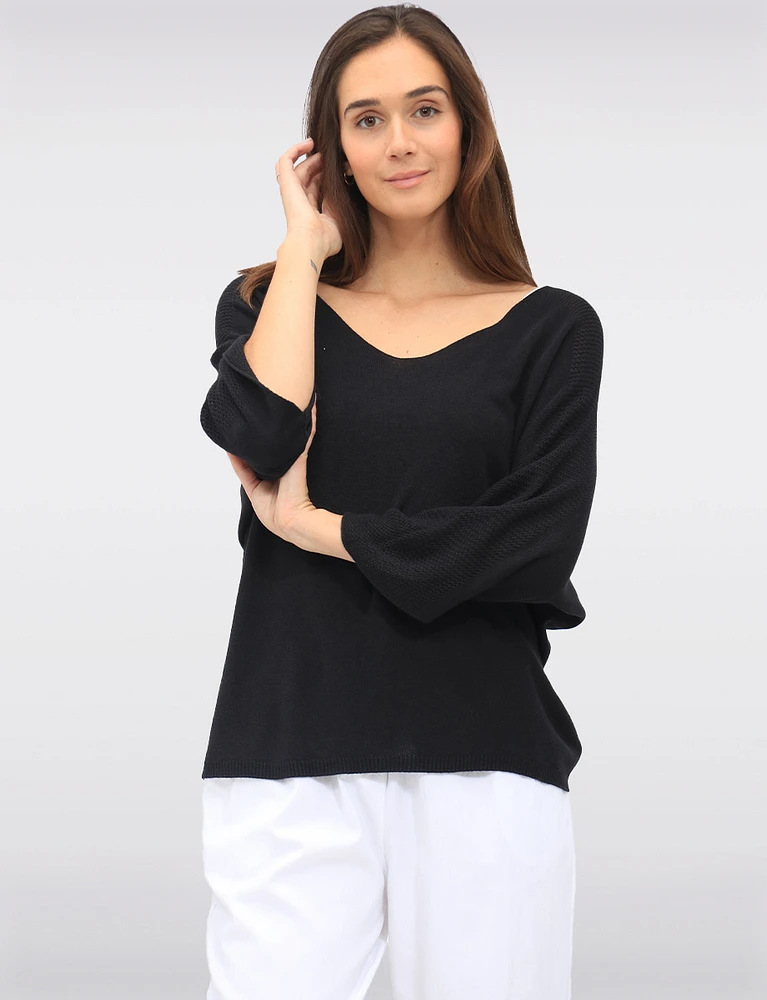 Boho V-Neck Knit Top with Dolman Sleeves & Crochet Shoulder Detail by Froccella