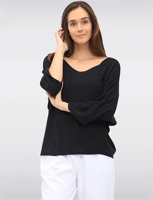 Boho V-Neck Knit Top with Dolman Sleeves & Crochet Shoulder Detail by Froccella