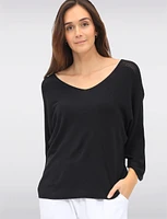Boho V-Neck Knit Top with Dolman Sleeves & Crochet Shoulder Detail by Froccella