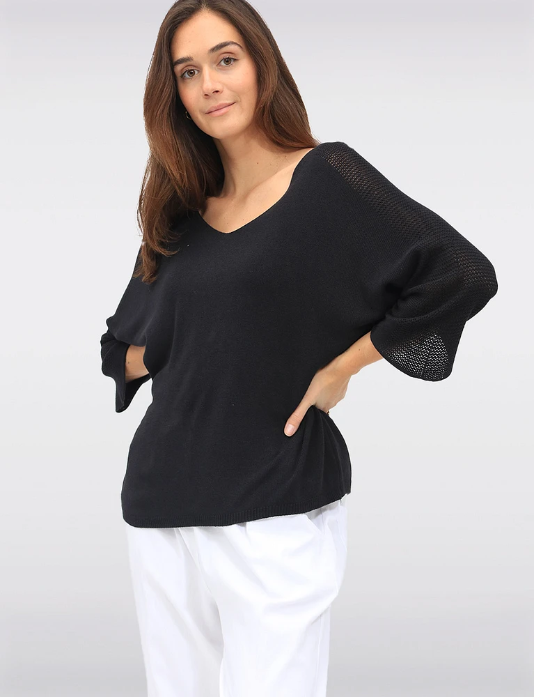 Boho V-Neck Knit Top with Dolman Sleeves & Crochet Shoulder Detail by Froccella
