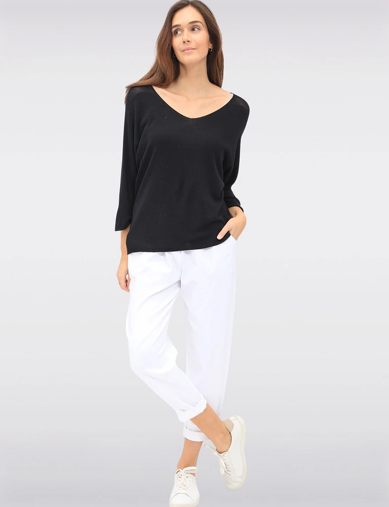 Boho V-Neck Knit Top with Dolman Sleeves & Crochet Shoulder Detail by Froccella