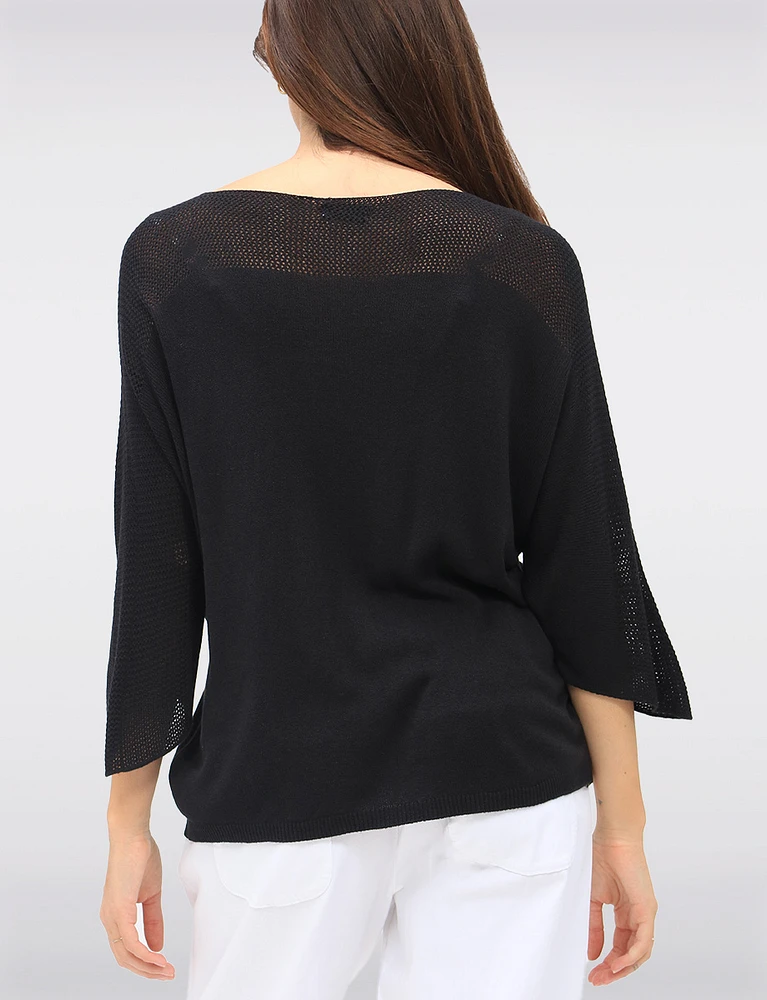 Boho V-Neck Knit Top with Dolman Sleeves & Crochet Shoulder Detail by Froccella