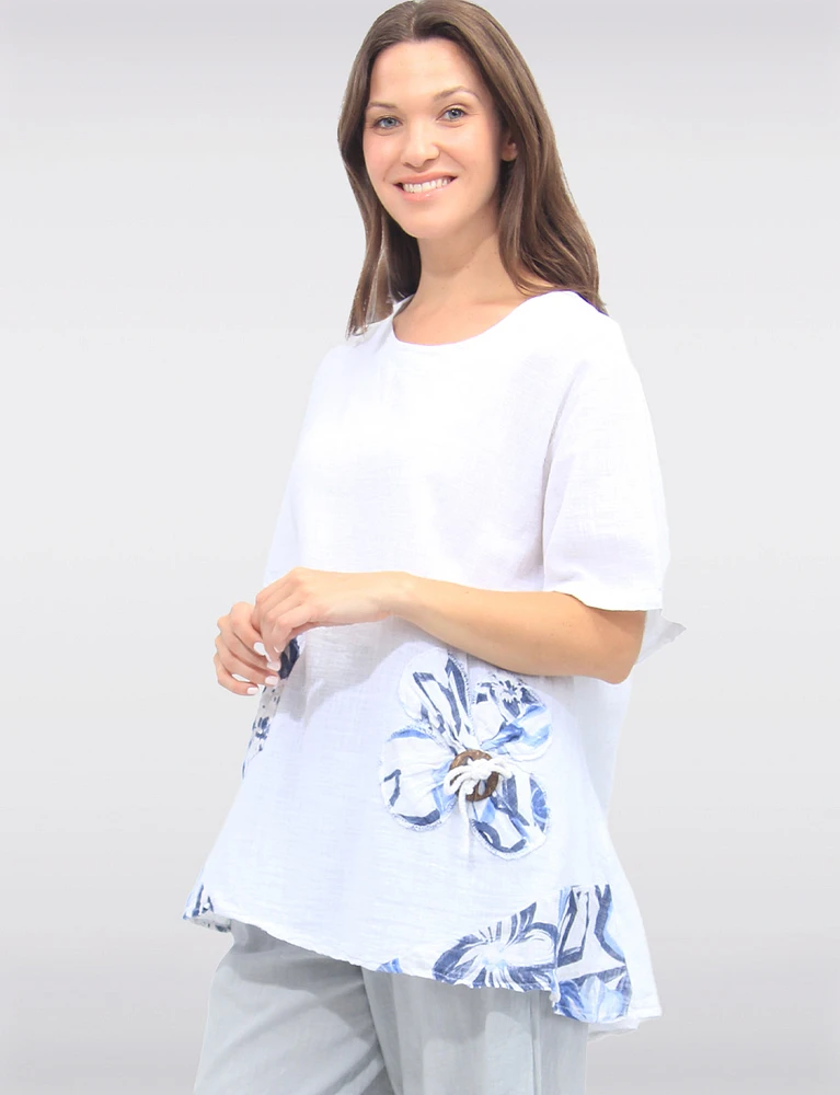 Linen-Cotton Floral Accent Tunic with Buttons and Short Sleeves by Froccella