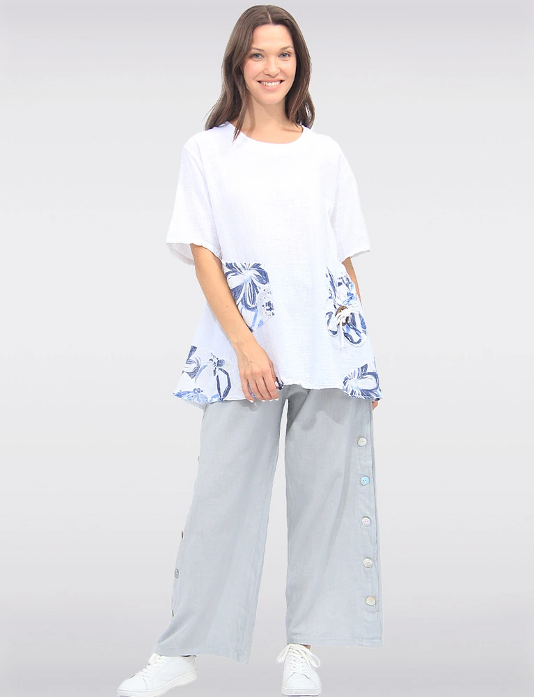 Linen-Cotton Floral Accent Tunic with Buttons and Short Sleeves by Froccella