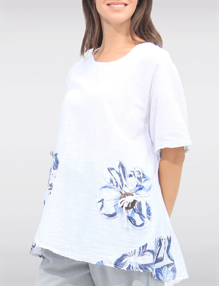 Linen-Cotton Floral Accent Tunic with Buttons and Short Sleeves by Froccella