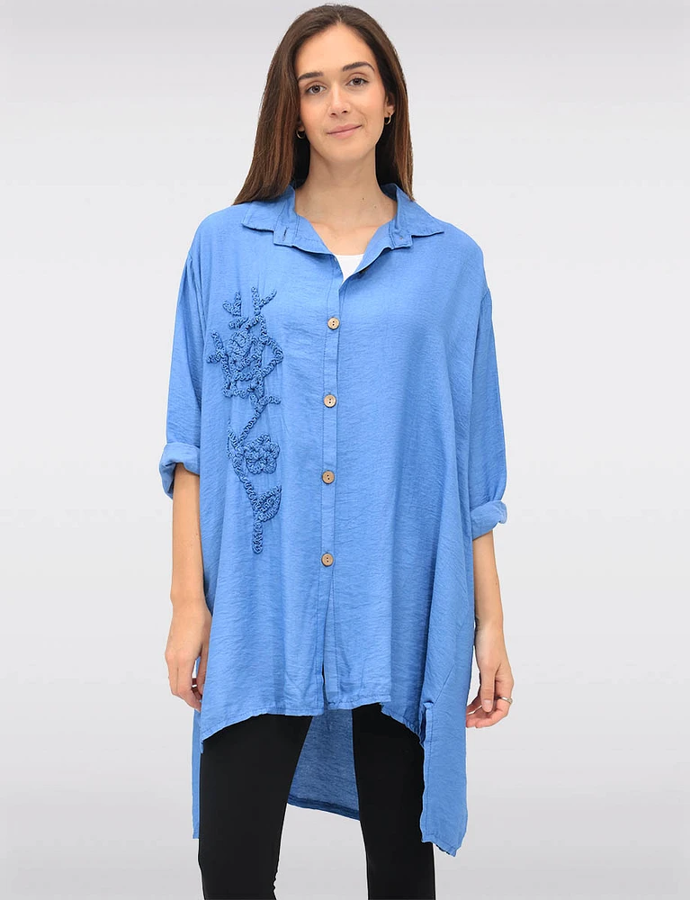 Button-Down 3/4 Sleeves Shirt with Floral Applique & Side Slits by Froccella