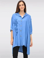 Button-Down 3/4 Sleeves Shirt with Floral Applique & Side Slits by Froccella