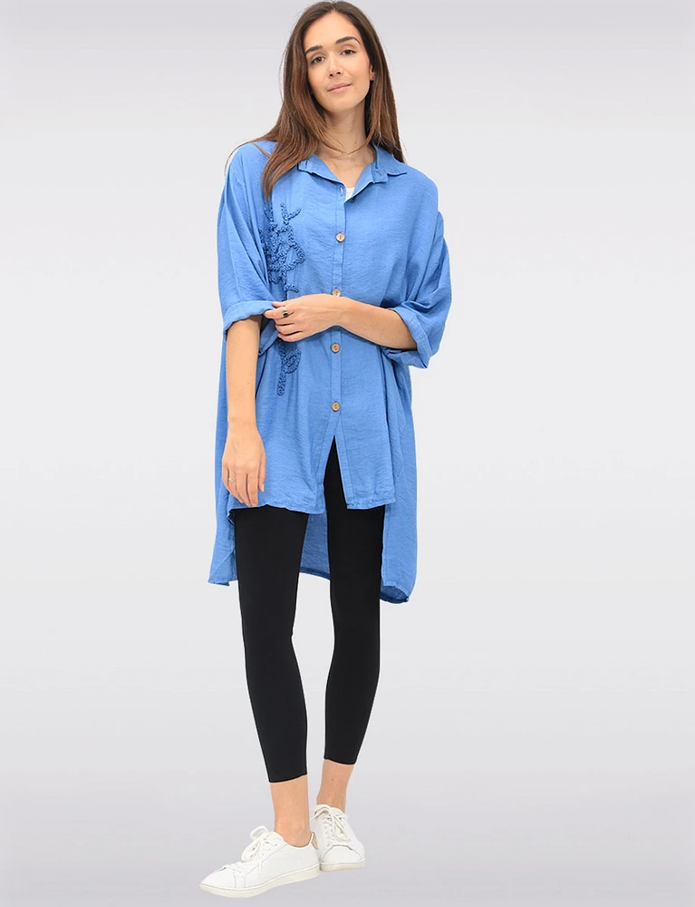 Button-Down 3/4 Sleeves Shirt with Floral Applique & Side Slits by Froccella