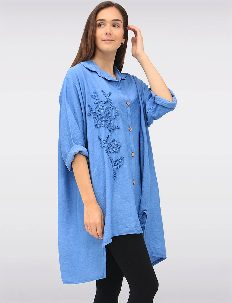 Button-Down 3/4 Sleeves Shirt with Floral Applique & Side Slits by Froccella