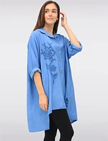 Button-Down 3/4 Sleeves Shirt with Floral Applique & Side Slits by Froccella