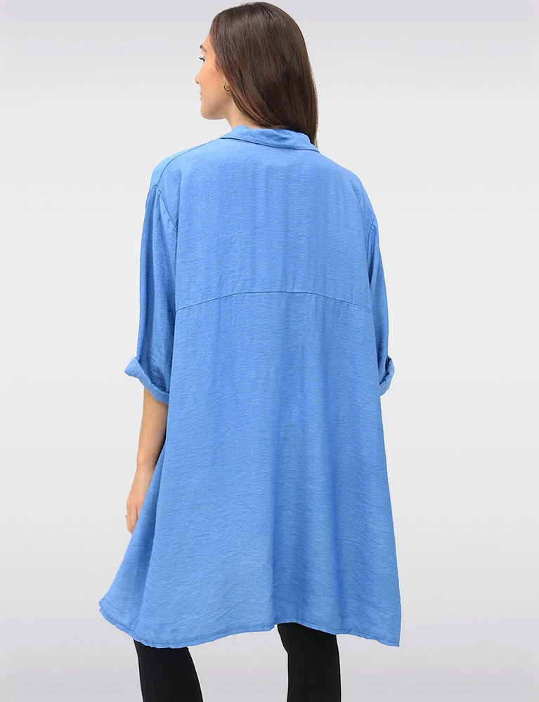 Button-Down 3/4 Sleeves Shirt with Floral Applique & Side Slits by Froccella