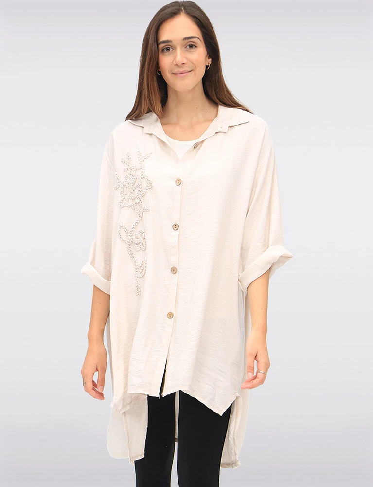 Button-Down 3/4 Sleeves Shirt with Floral Applique & Side Slits by Froccella