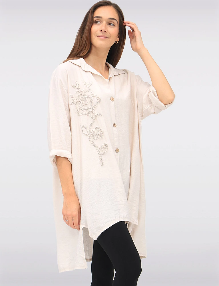 Button-Down 3/4 Sleeves Shirt with Floral Applique & Side Slits by Froccella