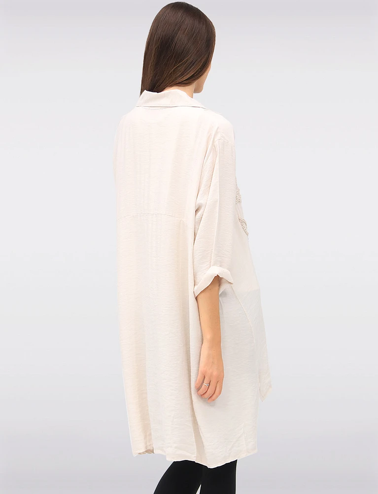 Button-Down 3/4 Sleeves Shirt with Floral Applique & Side Slits by Froccella