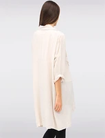 Button-Down 3/4 Sleeves Shirt with Floral Applique & Side Slits by Froccella