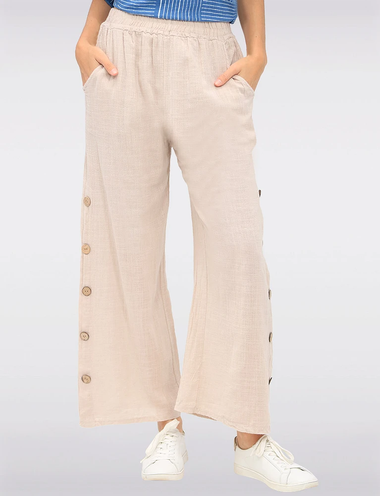 Cotton-Linen Lined Wide-Leg Pants with Button Accents and Pockets by Froccella