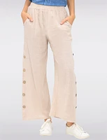 Cotton-Linen Lined Wide-Leg Pants with Button Accents and Pockets by Froccella