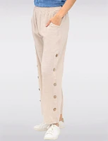 Cotton-Linen Lined Wide-Leg Pants with Button Accents and Pockets by Froccella
