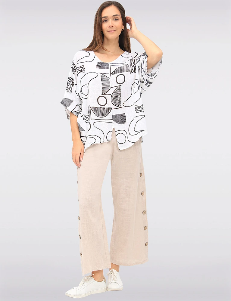 Cotton-Linen Lined Wide-Leg Pants with Button Accents and Pockets by Froccella