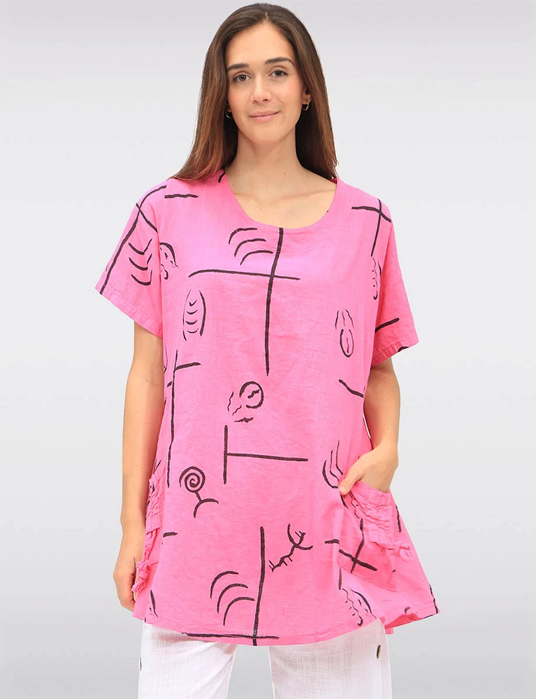 Loose-Fit Linen-Blend Abstract Print Tunic with Gathered Pockets by Froccella