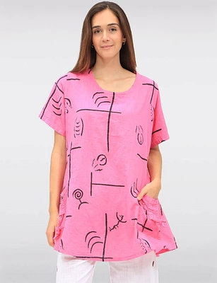 Loose-Fit Linen-Blend Abstract Print Tunic with Gathered Pockets by Froccella