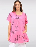 Loose-Fit Linen-Blend Abstract Print Tunic with Gathered Pockets by Froccella