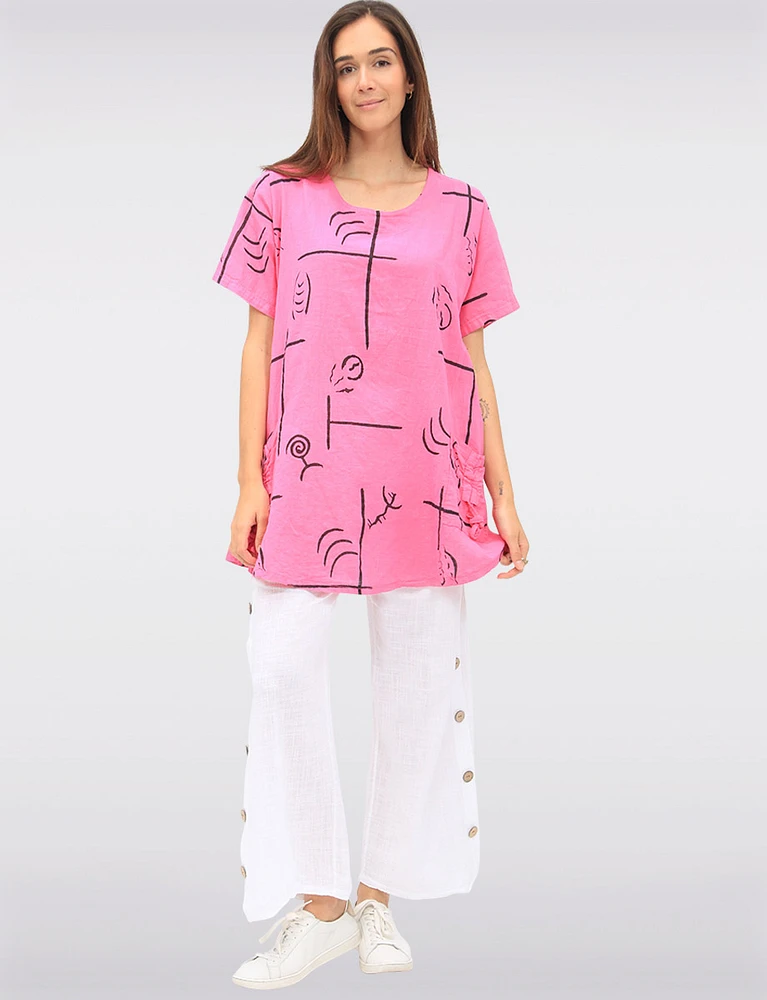 Loose-Fit Linen-Blend Abstract Print Tunic with Gathered Pockets by Froccella