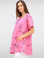 Loose-Fit Linen-Blend Abstract Print Tunic with Gathered Pockets by Froccella