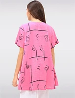 Loose-Fit Linen-Blend Abstract Print Tunic with Gathered Pockets by Froccella