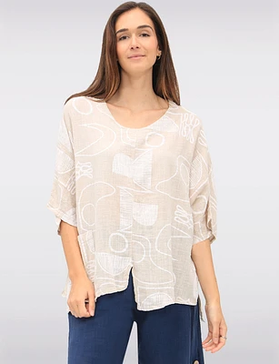 Linen-Blend Abstract Print Asymmetrical Tunic with Slits & Pocket by Froccella