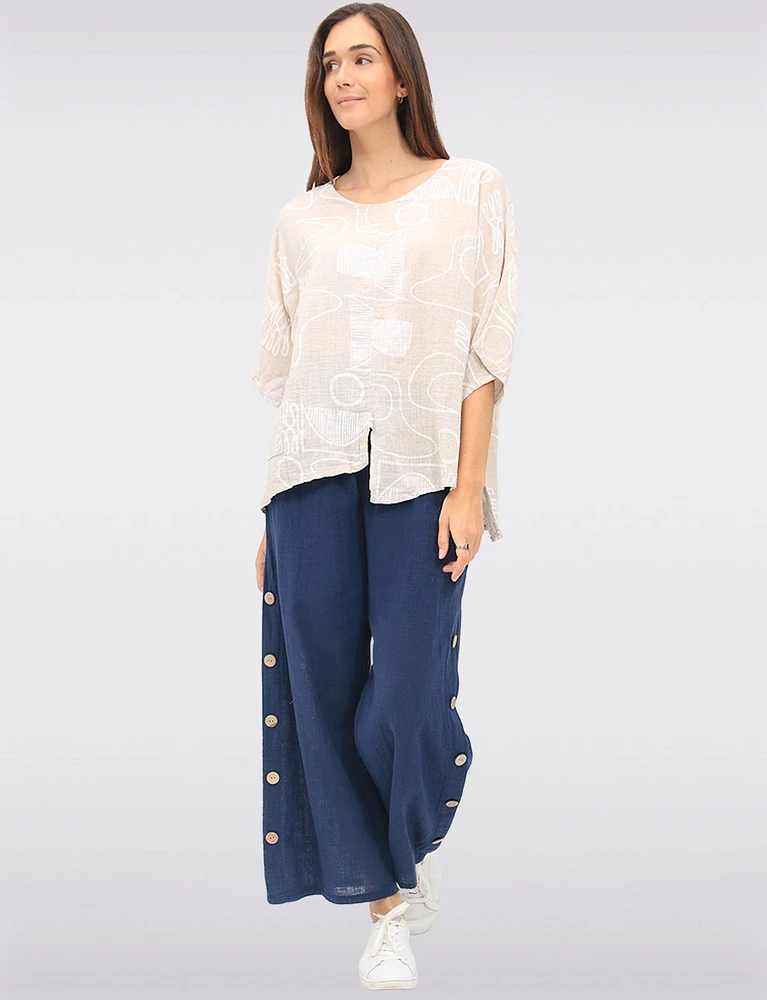 Linen-Blend Abstract Print Asymmetrical Tunic with Slits & Pocket by Froccella