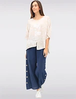 Linen-Blend Abstract Print Asymmetrical Tunic with Slits & Pocket by Froccella