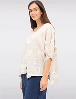 Linen-Blend Abstract Print Asymmetrical Tunic with Slits & Pocket by Froccella
