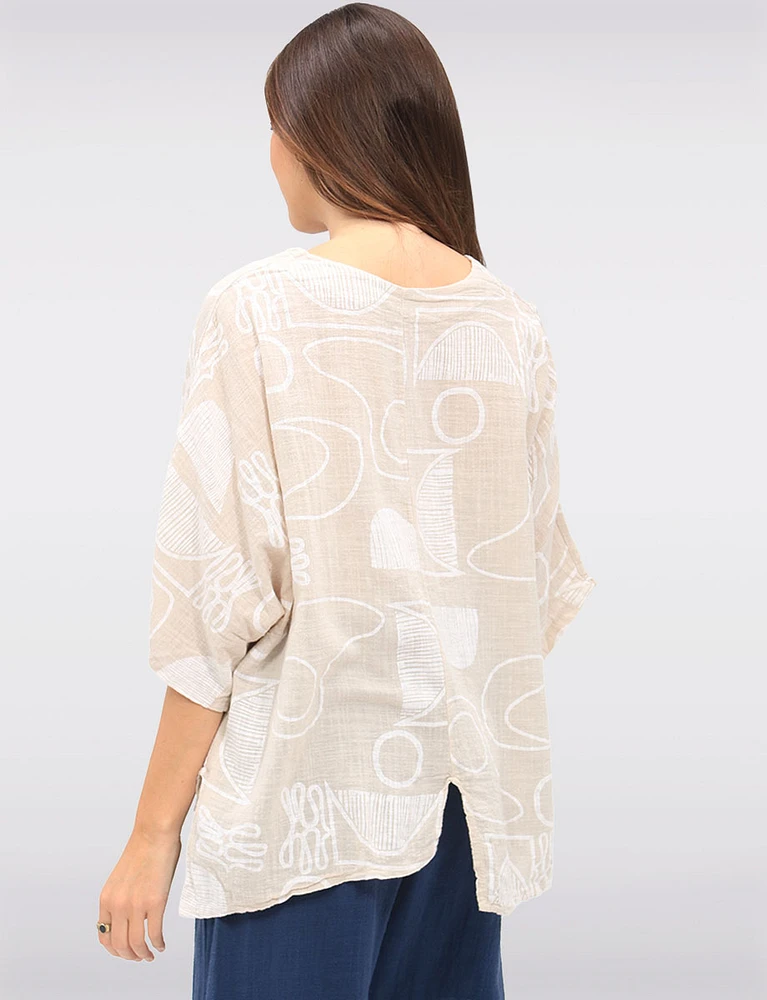 Linen-Blend Abstract Print Asymmetrical Tunic with Slits & Pocket by Froccella