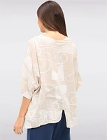 Linen-Blend Abstract Print Asymmetrical Tunic with Slits & Pocket by Froccella