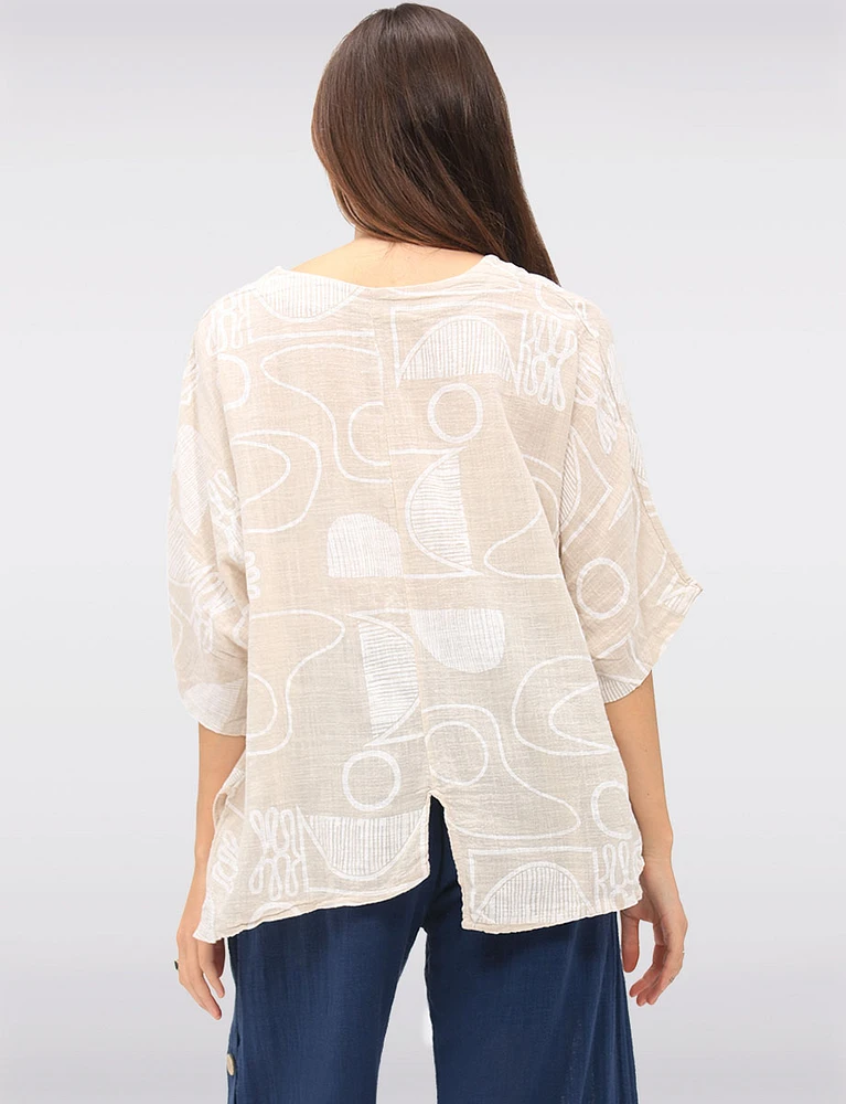Linen-Blend Abstract Print Asymmetrical Tunic with Slits & Pocket by Froccella