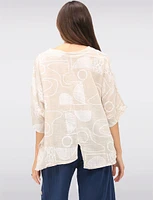 Linen-Blend Abstract Print Asymmetrical Tunic with Slits & Pocket by Froccella