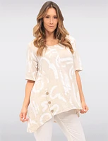 Linen Blend Abstract Print Tunic with Front Button Detail & Pockets by Froccella