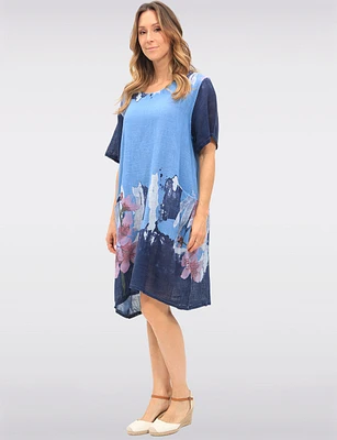 Linen Cotton Blend Floral Short Sleeve Balloon Dress With Pockets By Froccella