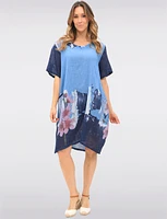 Linen Cotton Blend Floral Short Sleeve Balloon Dress With Pockets By Froccella