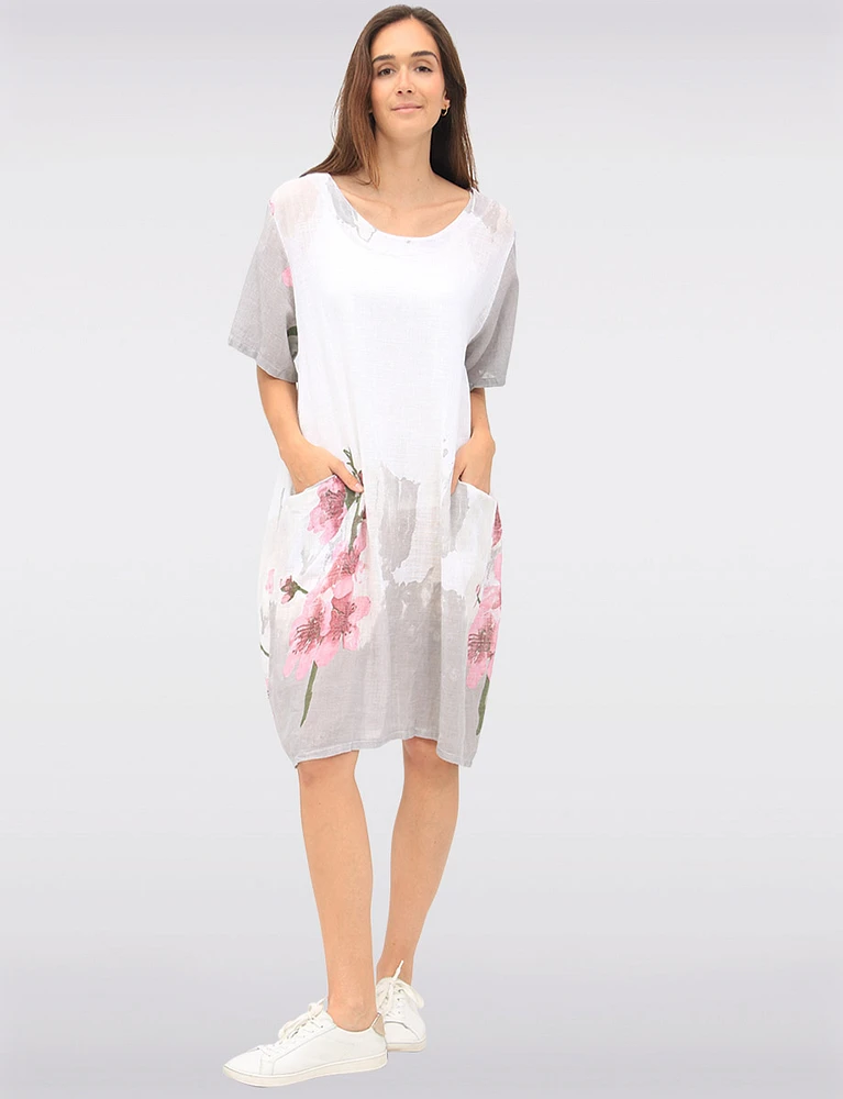 Linen Cotton Blend Floral Short Sleeve Balloon Dress With Pockets By Froccella