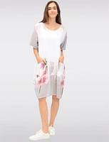 Linen Cotton Blend Floral Short Sleeve Balloon Dress With Pockets By Froccella