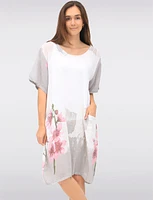 Linen Cotton Blend Floral Short Sleeve Balloon Dress With Pockets By Froccella