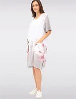 Linen Cotton Blend Floral Short Sleeve Balloon Dress With Pockets By Froccella