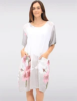 Linen Cotton Blend Floral Short Sleeve Balloon Dress With Pockets By Froccella