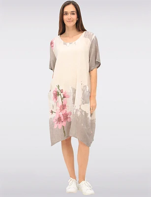 Linen Cotton Blend Floral Short Sleeve Balloon Dress With Pockets By Froccella